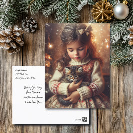 Sweet Little Girl and Kitten Christmas Postkarte