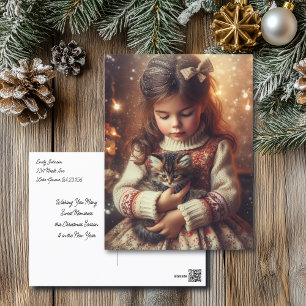 Sweet Little Girl and Kitten Christmas Postkarte