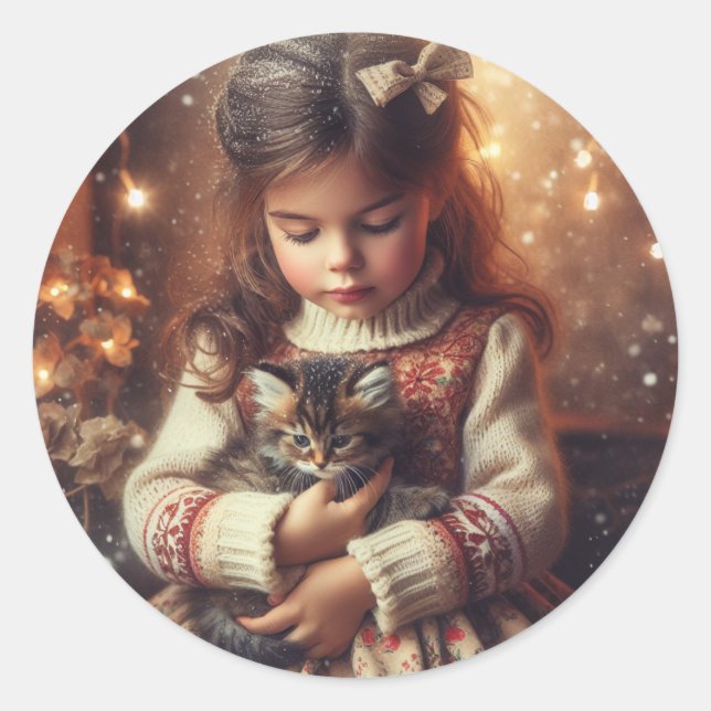 Sweet Little Girl and Kitten Christmas Runder Aufkleber (Vorderseite)