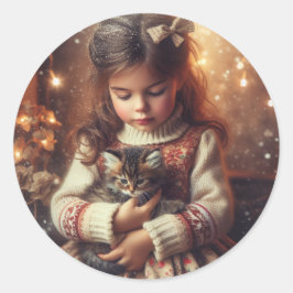 Sweet Little Girl and Kitten Christmas Runder Aufkleber