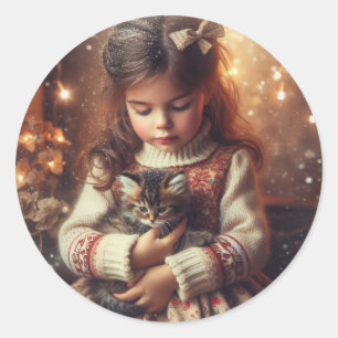 Sweet Little Girl and Kitten Christmas Runder Aufkleber