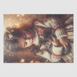 Sweet Little Girl and Kitten Christmas Seidenpapier
