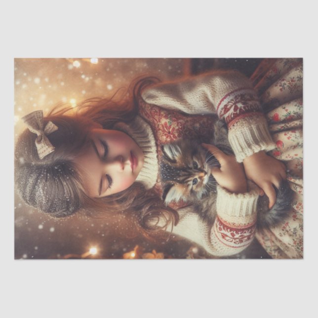 Sweet Little Girl and Kitten Christmas Seidenpapier (Vorderseite)