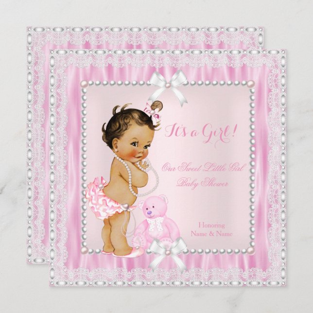 Sweet Little Girl Baby Shower Pearls Lace Brünett Einladung (Vorne/Hinten)