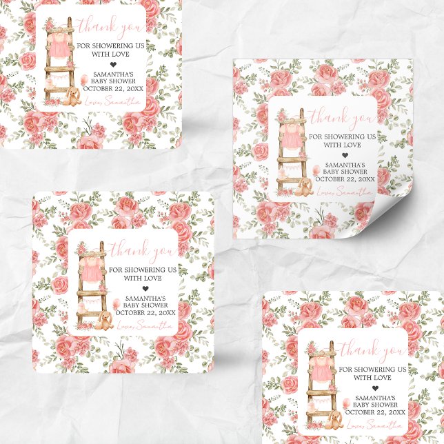 Sweet Little Girl Boho Baby Shower Quadratischer Aufkleber (Pink Boho Clothes Baby Shower Sticker)