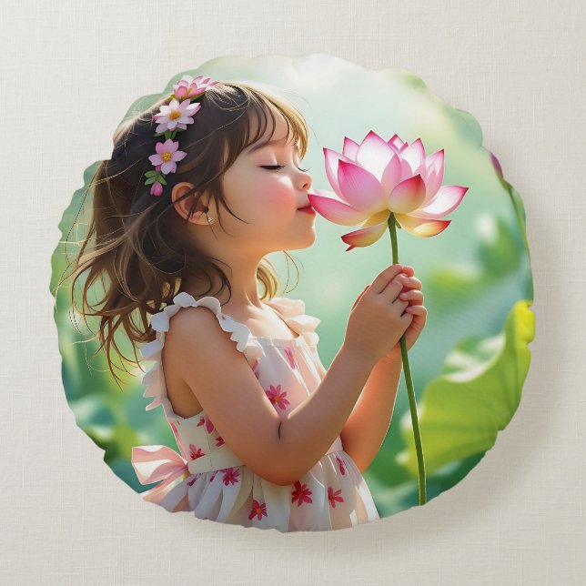 Sweet Little Girl Riecht eine Blume Rundes Kissen (Vorderseite)