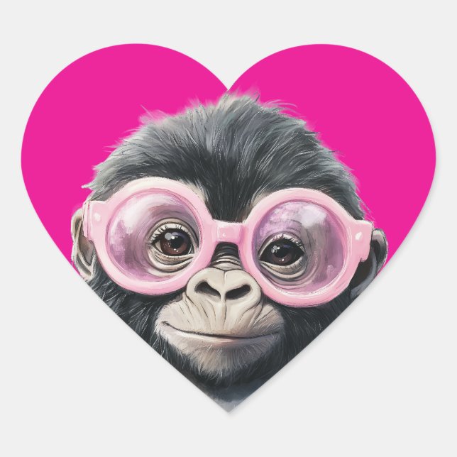 Sweet Little Gorilla Dark Pink Hintergrund Herz-Aufkleber (Vorderseite)