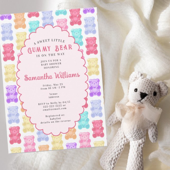 Sweet Little Gummy Bear Pastel Pink Baby Shower Einladung (Sweet Little Gummy Bear Pastel Pink Baby Shower Invitation Yokan Jelly Blush Gummy Bears Aesthetics)