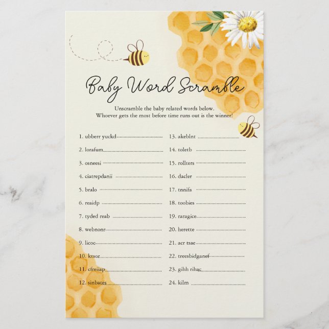 Sweet Little Honey Bee Baby Shower Word Scramble (Vorderseite)