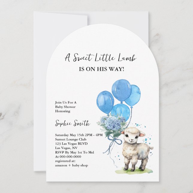 Sweet Little Lamb Baby Dusche Aquarellbogen Einladung (Vorderseite)