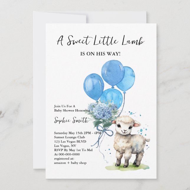 Sweet Little Lamb Baby Dusche Blue Wasserfarbe Einladung (Vorderseite)