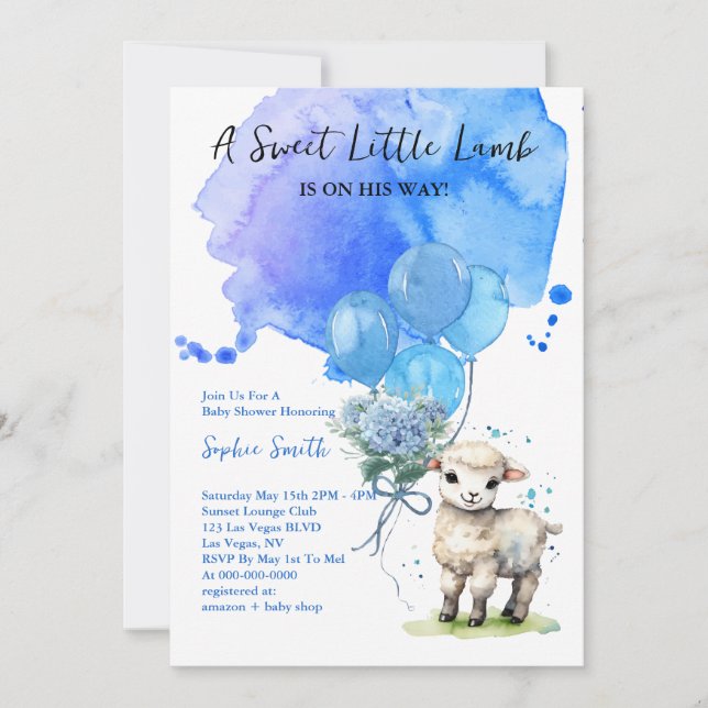 Sweet Little Lamb Baby Dusche Blue Wasserfarbe Einladung (Vorderseite)