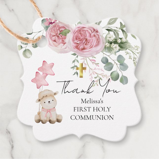 Sweet Little Lamb Greenery Erste Heilige Kommunion Geschenkanhänger (Vorderseite)