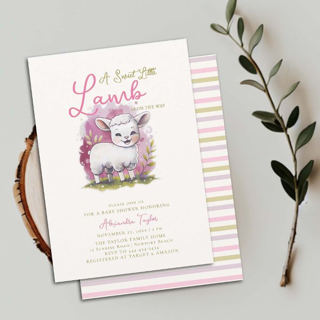 Sweet Little Lamb Whimsical Pink Girl Baby Dusche Einladung (happy sweet little lamb girl baby shower invitation whimsical cute watercolor illustration pink)