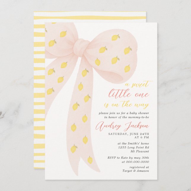 Sweet Little Lemon Pink Coquette Bow Baby Dusche Einladung (Vorne/Hinten)