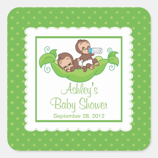 Sweet Little Monkey Twins Baby Showaufkleber Quadratischer Aufkleber (Vorderseite)