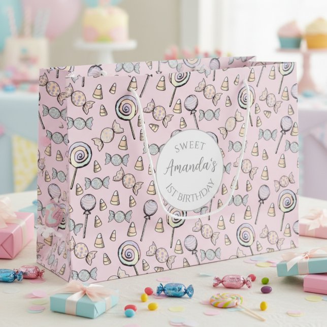 Sweet Little One Candy Theme First Birthday Gefall Große Geschenktüte (Candy Sweet One 1st Birthday Pastel Pink Gift Bag. Cute Lollipop & Candy Halloween Kids Gift Wrap)