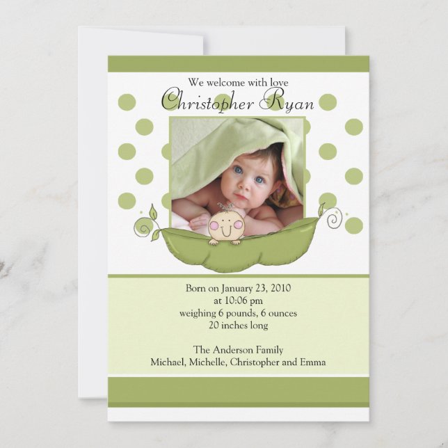Sweet Little Pea Baby Foto Announction Card Ankündigung (Vorderseite)