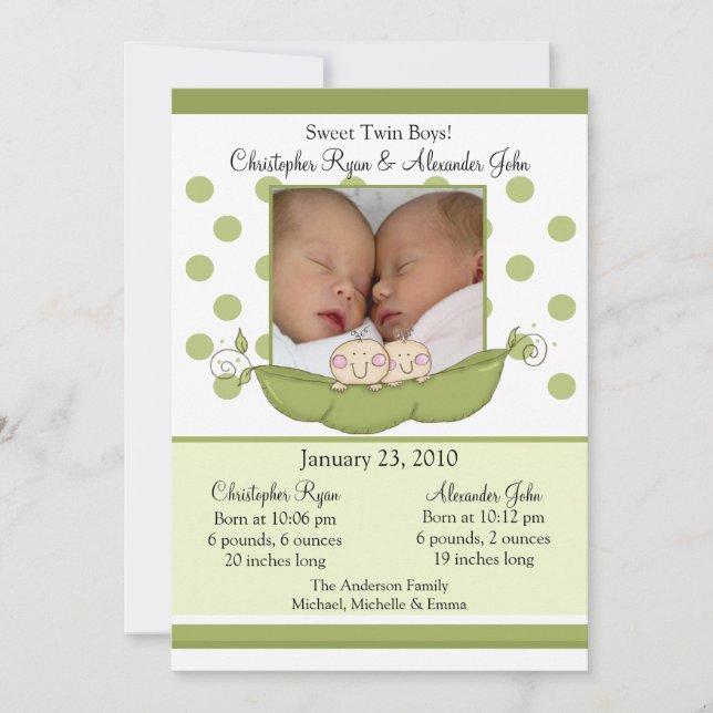 Sweet Little Pea Twin Boys Foto Announcement Card Einladung (Vorderseite)