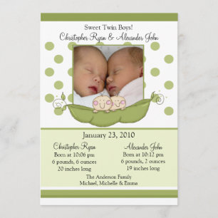 Sweet Little Pea Twin Boys Foto Announcement Card Einladung