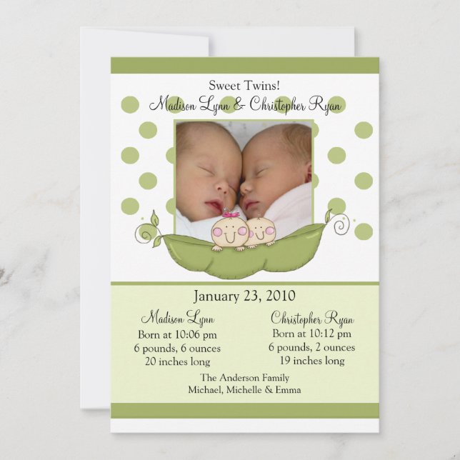 Sweet Little Pea Twins Foto Announcement Card Einladung (Vorderseite)