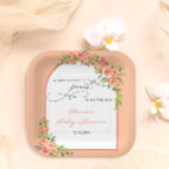 Sweet Little Peach Baby Dusche Pappteller<br><div class="desc">Treten Sie ein in die süße Vorfreude auf die Ankunft eines kleinen mit unserem Design! Das Design entfaltet sich in einem zarten Rahmen, der mit üppigen Aquarellpfirsichen geschmückt ist und einen malerischen Rahmen schafft, der die kommende Freude symbolisiert. Hinter dem Rahmen wird der Hintergrund in der trendigen Pfirsichfarbe gebadet, was...</div>
