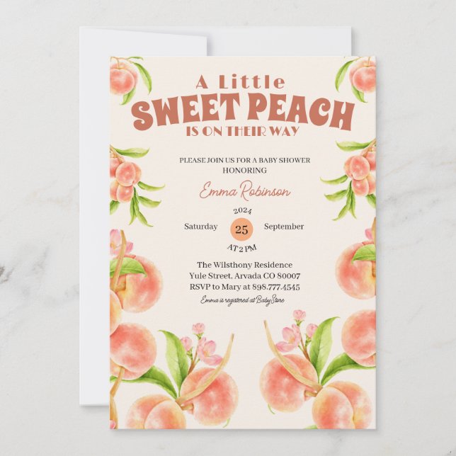 Sweet Little Peach Girl Babydusche nach Maß Einladung (Vorderseite)
