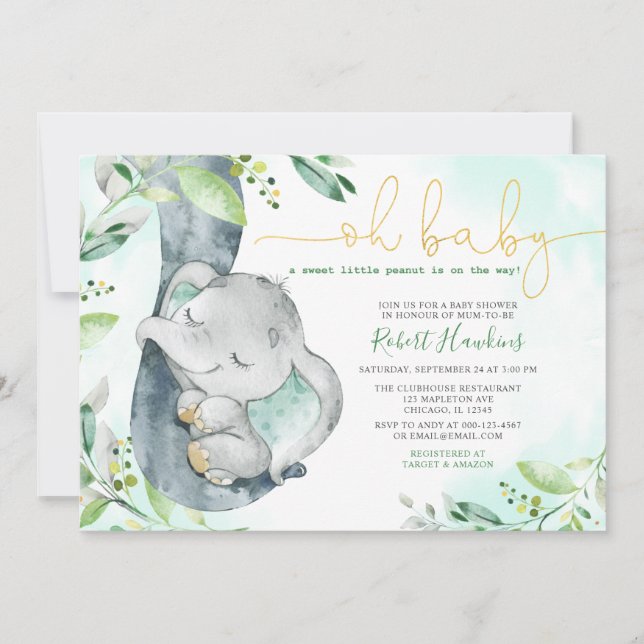 Sweet Little Peanut Boy Elephant Baby Shower Invit Einladung (Vorderseite)