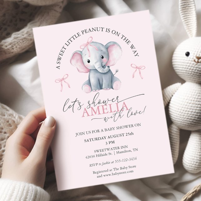 Sweet Little Peanut Elephant Baby Girl Shower Einladung (Sweet Little Peanut Elephant Baby Girl Shower Invitation)