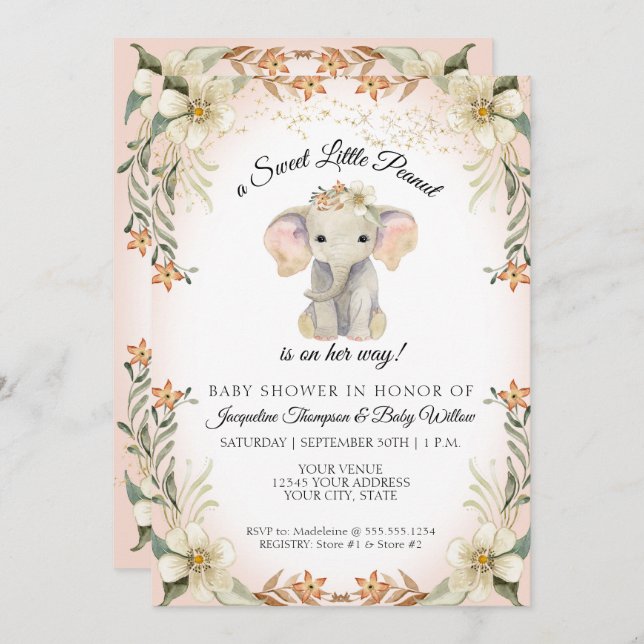 Sweet Little Peanut Elephant Floral Baby Dusche Einladung (Vorne/Hinten)