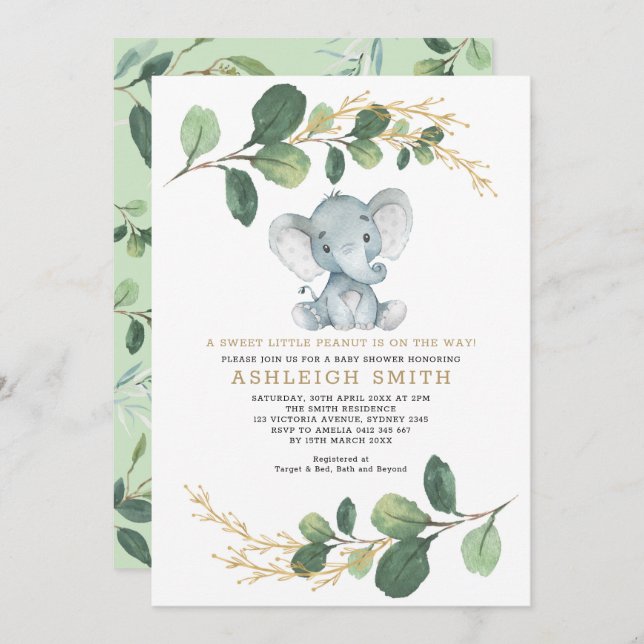 Sweet Little Peanut Greenery Elephant Baby Dusche Einladung (Vorne/Hinten)