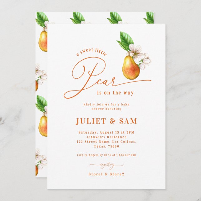 Sweet Little Pear Gender Neutral Baby Dusche Einladung (Vorne/Hinten)