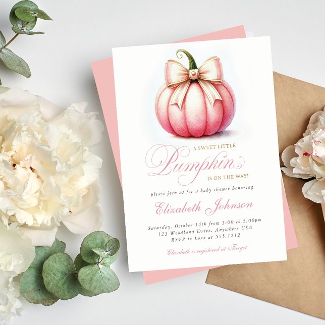 Sweet Little Pink Pumpkin Baby Dusche Einladung (Celebrate your little one with our Sweet Little Pink Pumpkin Baby Shower Invitation. )