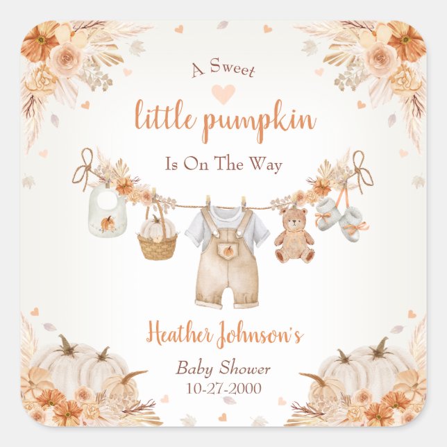 Sweet Little Pumpkin Autumn Baby Shower Quadratischer Aufkleber (Vorderseite)