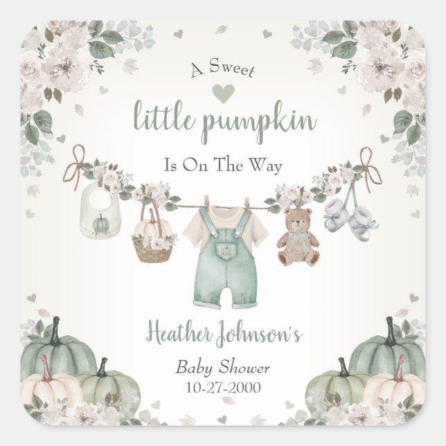 Sweet Little Pumpkin Autumn Baby Shower Quadratischer Aufkleber (Vorderseite)