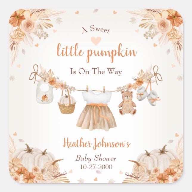 Sweet Little Pumpkin Autumn Baby Shower Quadratischer Aufkleber (Vorderseite)
