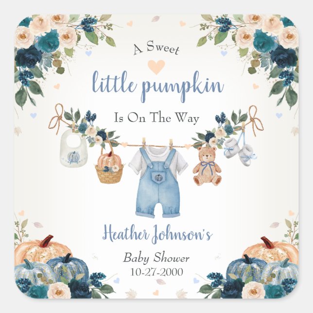 Sweet Little Pumpkin Autumn Baby Shower Quadratischer Aufkleber (Vorderseite)