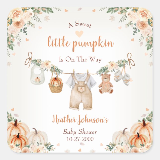 Sweet Little Pumpkin Autumn Baby Shower Quadratischer Aufkleber (Vorderseite)