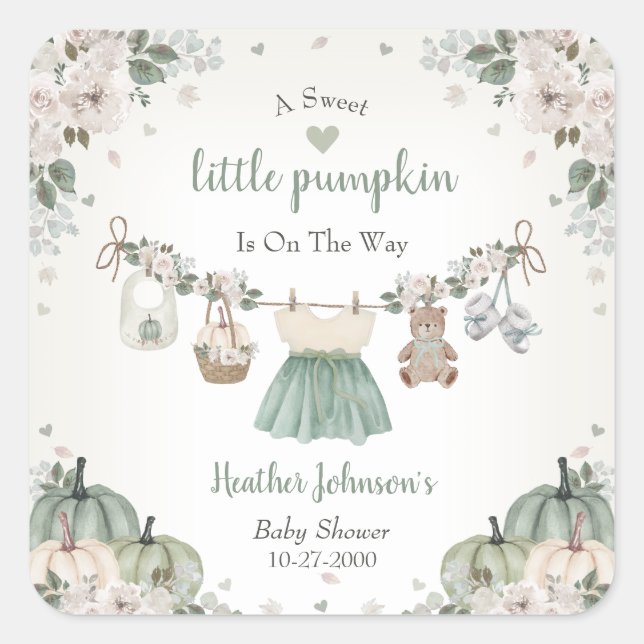 Sweet Little Pumpkin Autumn Baby Shower Quadratischer Aufkleber (Vorderseite)