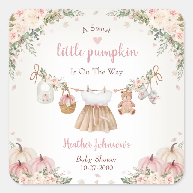 Sweet Little Pumpkin Autumn Baby Shower Quadratischer Aufkleber (Vorderseite)