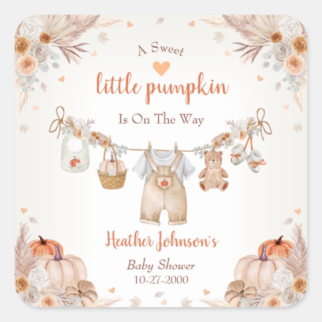 Sweet Little Pumpkin Autumn Baby Shower Quadratischer Aufkleber (Vorderseite)
