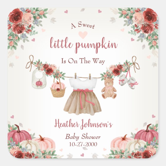 Sweet Little Pumpkin Autumn Baby Shower Quadratischer Aufkleber (Vorderseite)