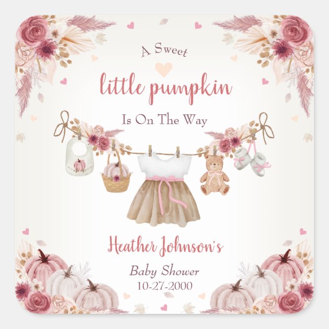 Sweet Little Pumpkin Autumn Baby Shower  Quadratischer Aufkleber (Vorderseite)