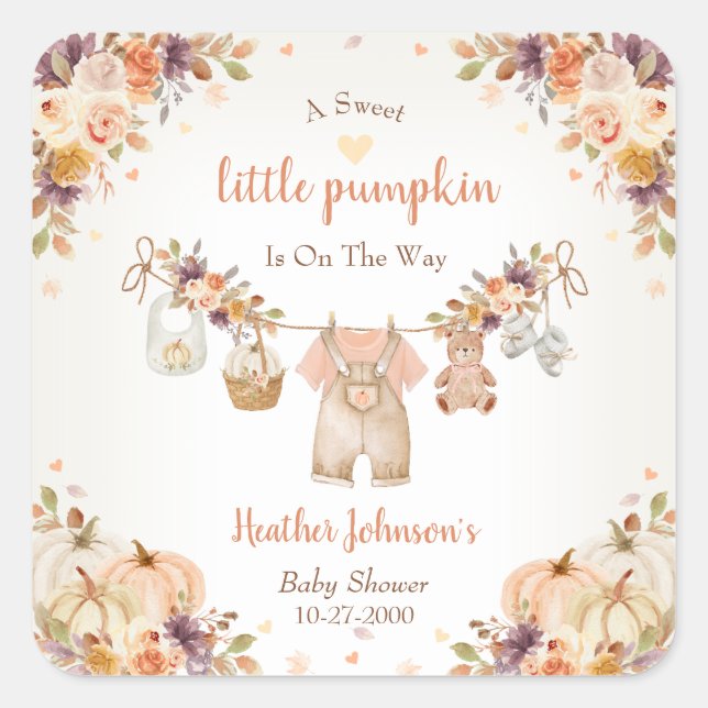 Sweet Little Pumpkin Autumn Baby Shower Quadratischer Aufkleber (Vorderseite)