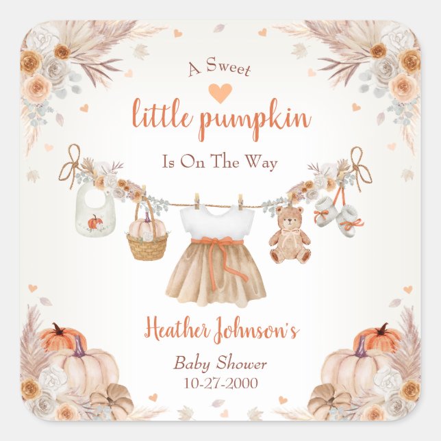 Sweet Little Pumpkin Autumn Baby Shower  Quadratischer Aufkleber (Vorderseite)