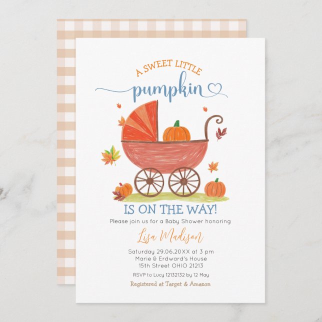 Sweet Little Pumpkin Baby Carriage Baby Dusche Einladung (Vorne/Hinten)