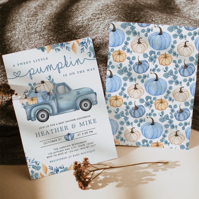 Sweet Little Pumpkin Blue Autumn Baby Dusche Einladung (Von Creator hochgeladen)