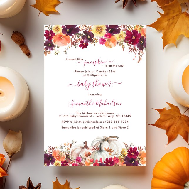 Sweet Little Pumpkin Fall Floral Baby Dusche Einladung (Sweet Little Pumpkin Fall Floral Baby Shower Invitation)