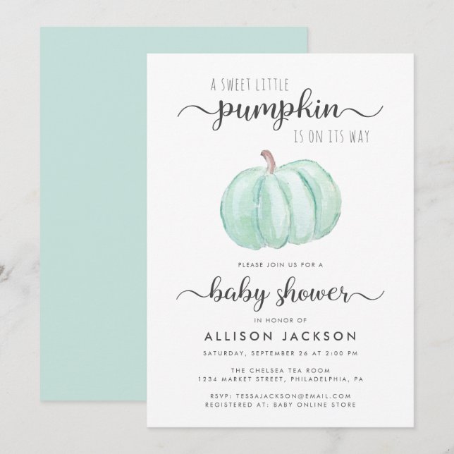 Sweet Little Pumpkin Mint Watercolor Babydusche Einladung (Vorne/Hinten)