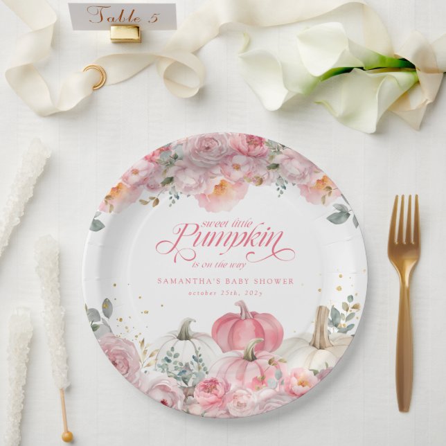 Sweet Little Pumpkin Pink Floral Fall Baby Shower Pappteller (Hochzeit)